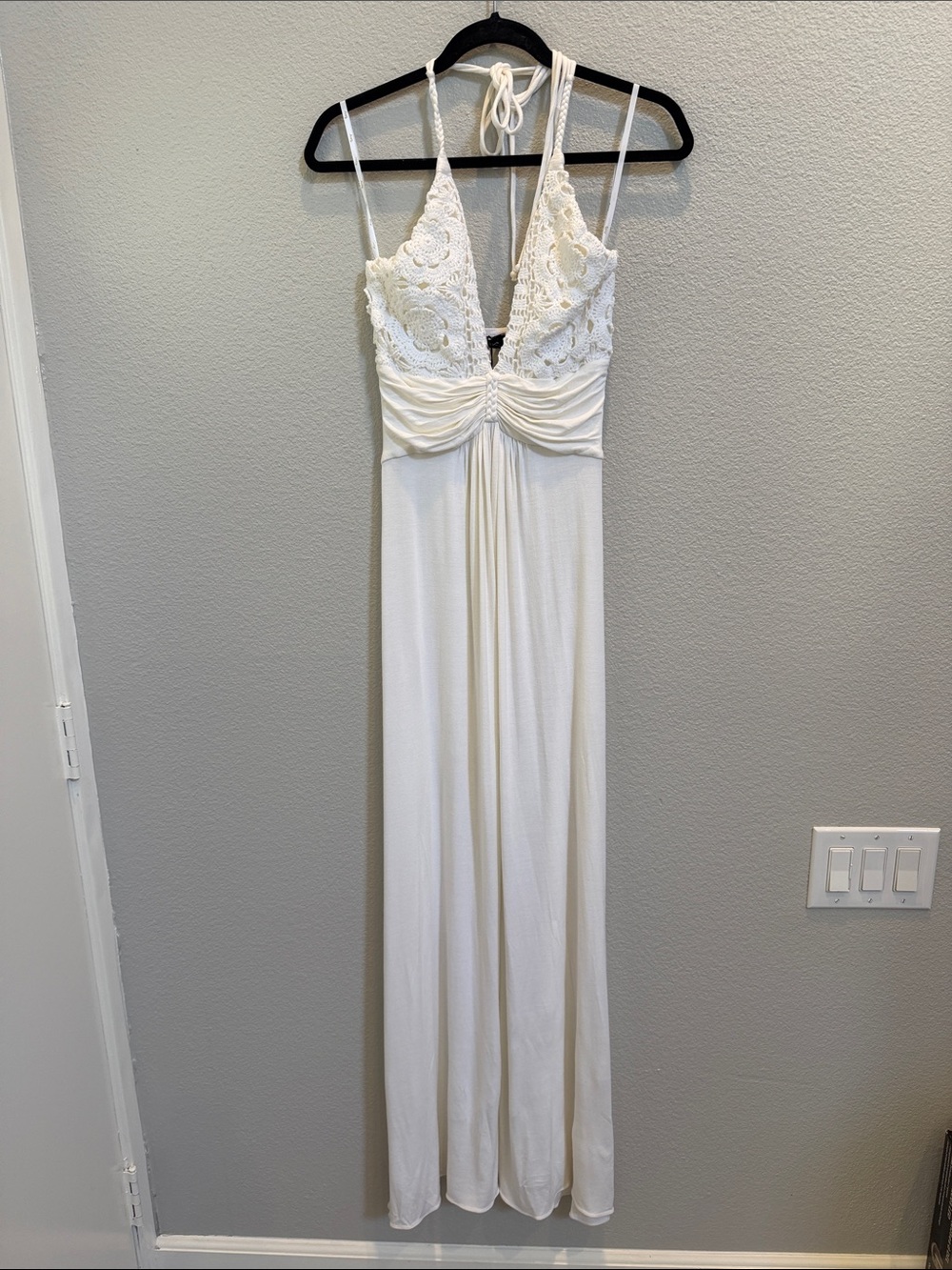 Sky Women’s White Crochet Halter Maxi Dress NWT